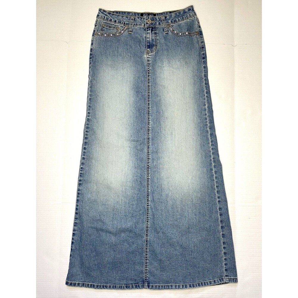 Angels Denim Maxi Skirt Womens Vintage Embellished Flap Pockets Jeans Y2K Trendy